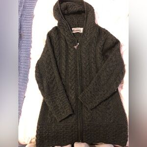 Aran Wool Long Hooded Cardigan Green Size Small